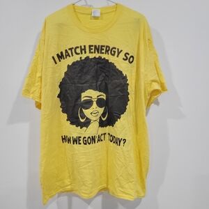 Port and Company Short Sleeved Yellow Tee / Woman With Afro and Hoop Earrings